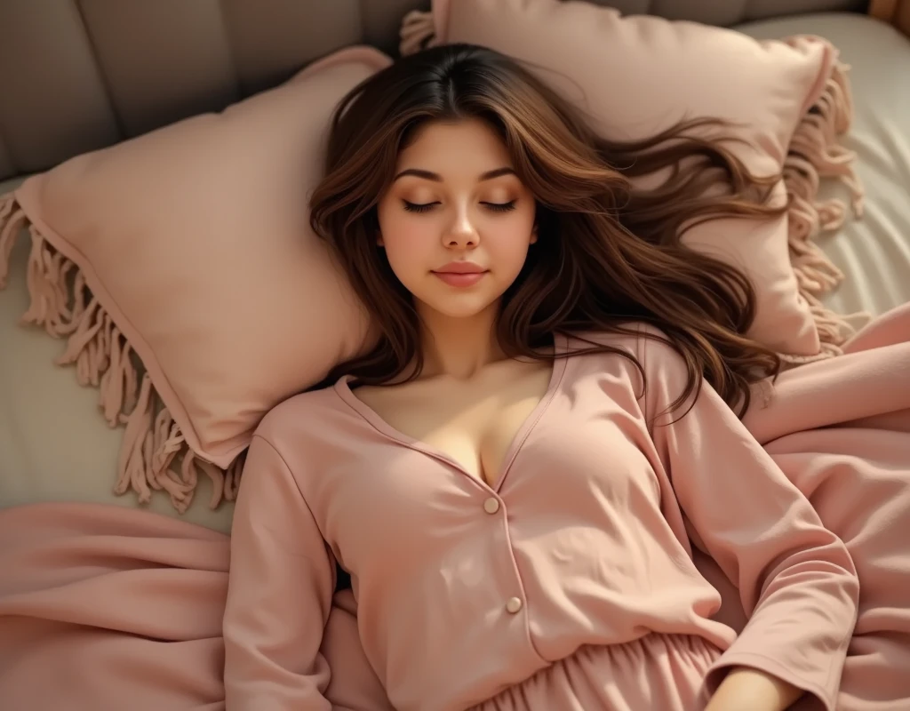brune cheveux longs, tshirt rose , très réaliste, dans un lit, avec de gros seins 