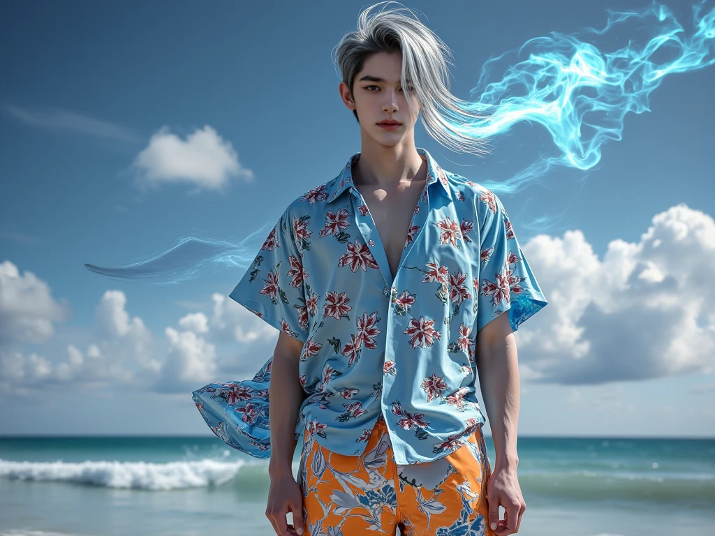 1 boy, handsome asian male, extremely detailed face, beautiful detailed eyes, beautiful detailed lips, street view, sunrise, different every time, white hair, grey hair, stylish hair, (best quality,4k,8k,highres,masterpiece:1.2),ultra-detailed,(realistic,photorealistic,photo-realistic:1.37),gorgeous colors,dramatic lighting,cinematic