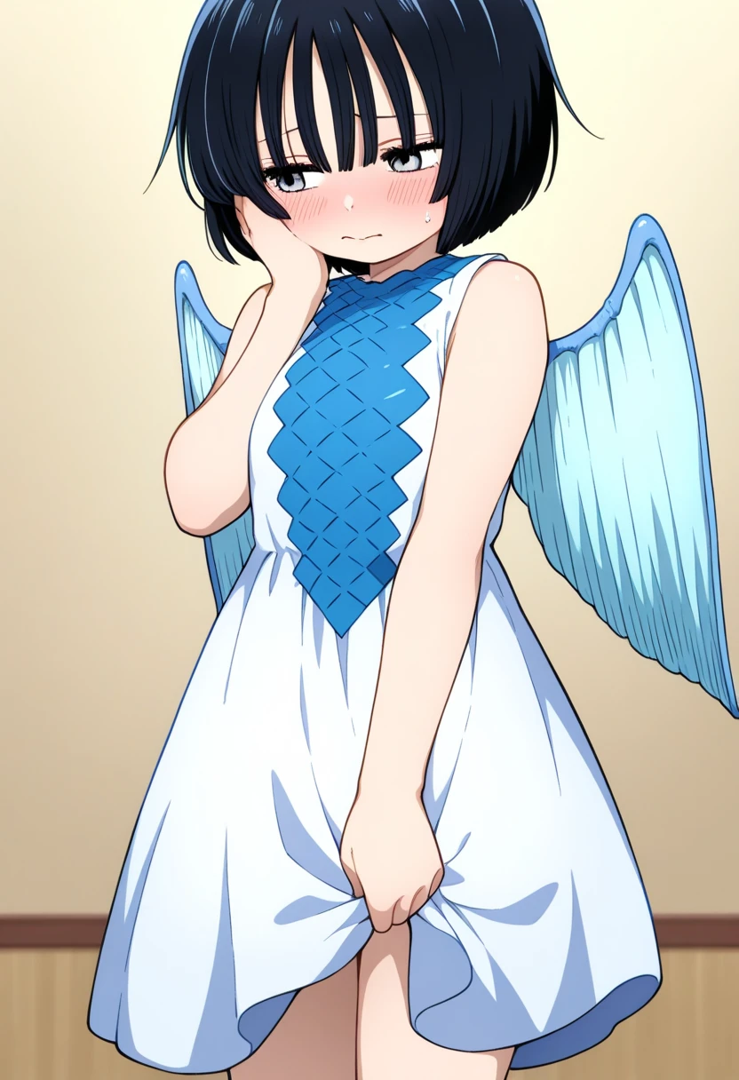 One girl、Standing in the wings of an unlit stage、Dark Places、Blue-based idol costumes、The dress covers the stomach、Belly button、The costume is missing fabric from the chest area、Blushing、emotionless and dead-eyed、Blue Hair、Small breasts、Nipples、Pussy、Wearing a very short skirt、Wearing a flower ornament on her head