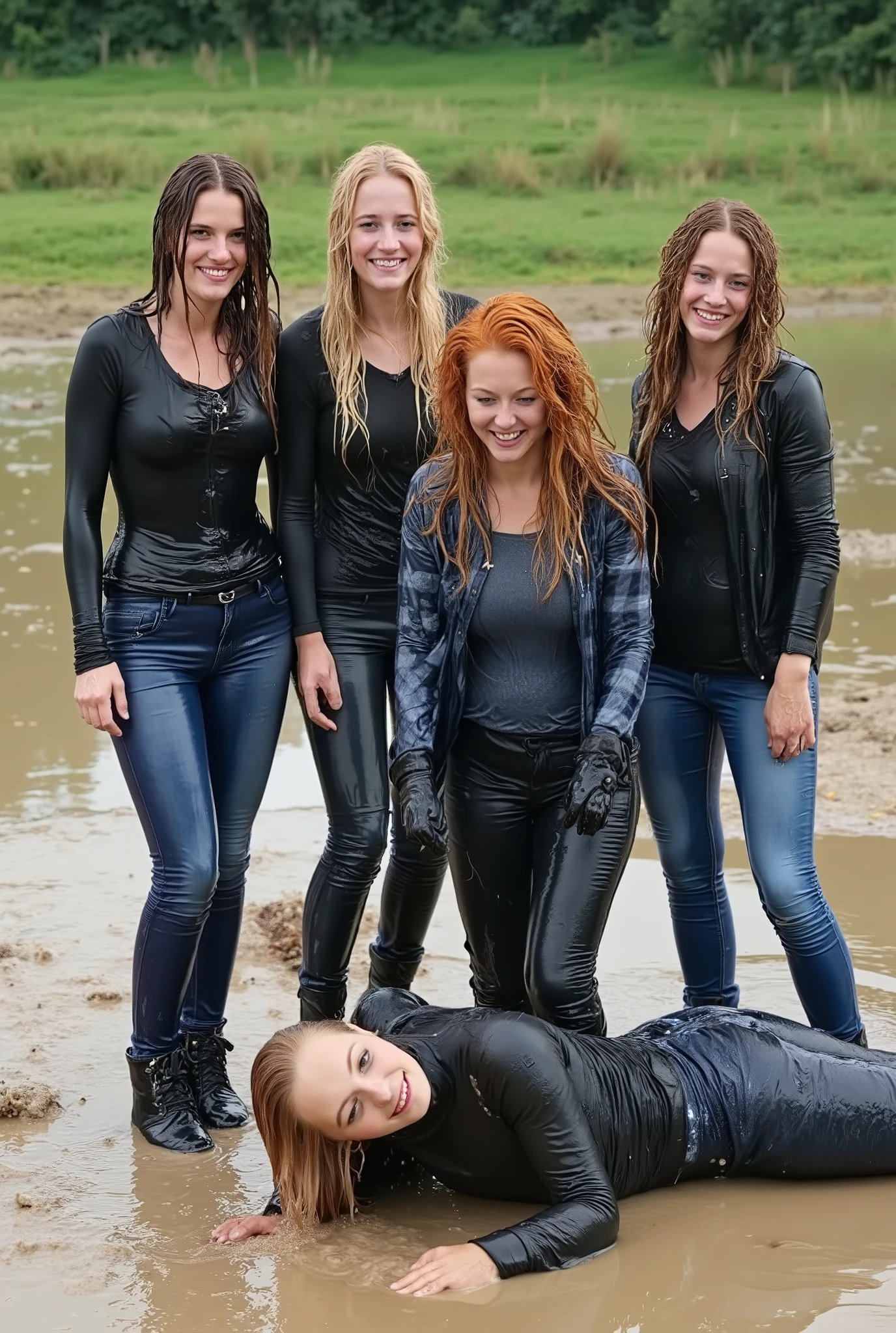 5 tall slim medium-blonde and brunette and red-haired girls, very attractive 18-year old girls, enjoying being all wet, soaking wet hair, having a mudfight in a puddle in the pooring rain,  some girls lying on the ground, some girls  from behind, all with soaking dripping wet hair,  their hair dripping and sticking, blue eyes, all girls with very long wet curly hair,   all wearing dark blue tight long leg jeans,  some with a soaking wet black leather bomber jacket, some others with dark blue wash denim jackets, some with tight v-neck sweaters, some with  soaking wet blue plaid shirts, long sleeves, black leather booties , completely soaking wet, (wet hair), wet  jeans,  wet shirts, wet jackets, wet boots, waterlogged clothes, soaking wet, wet, wetlook,