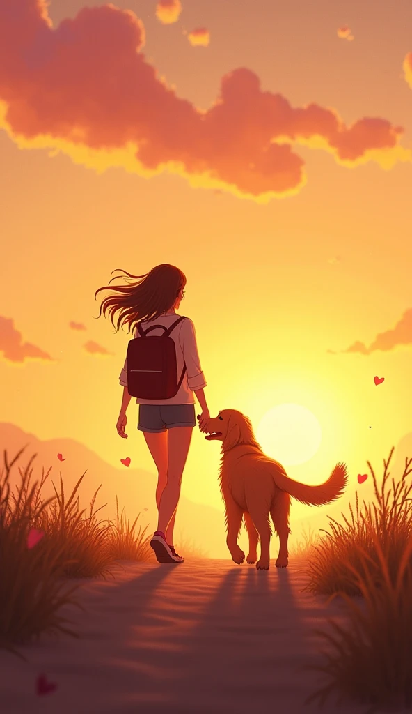 Narration: Mia() and Max(dog) walked away together, starting a new chapter.
Visual guide:
Mia() walking hand-in-hand, Max(dog) walking beside her.
Sunset in the background, peaceful vibe.