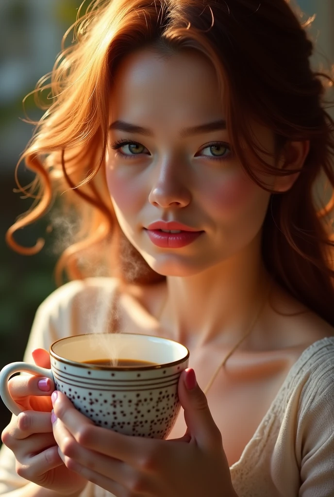 Une femme rousse, d'une beauté envoûtante, savoure un café avec une élégance naturelle. Ses cheveux, d'un rouge intense et brillant, tombent en cascades douces autour de son visage, encadrant ses traits délicats et accentuant la profondeur de ses yeux. Elle est assise à une table de café, peut-être près d'une fenêtre où la lumière du matin éclaire doucement la scène.

Elle porte une tenue simple mais sophistiquée, peut-être un chemisier légèrement ajusté qui souligne subtilement sa silhouette. Ses doigts fins enveloppent la tasse en porcelaine, et elle la porte à ses lèvres avec une sensualité discrète. Le contraste entre la blancheur de la tasse et la chaleur de ses cheveux crée une harmonie visuelle qui capte l'attention.

Son expression est sereine, presque contemplative, alors qu'elle savoure chaque gorgée. Le parfum du café embaume l'air, ajoutant une touche de confort à l'atmosphère. Autour d'elle, le café est animé par des conversations légères et le bruit doux des cuillères contre les tasses, mais elle semble plongée dans un moment de calme, profitant pleinement de cet instant. La scène, bien que simple, dégage une sensualité raffinée, rendant chaque geste de cette femme rousse aussi captivant que naturel.






