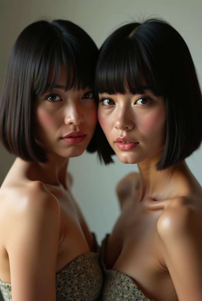 A person standing in full body, a kissing 2 woman, 2 person, kiss with their lips, lesbian, home furnishings, black hair, naked, wince, longeyelashes, solid circle eyes, fake animal ears, light smile, ear blush, fang, ccurate, Surrealism, drop shadow, anaglyph, stereogram, tachi-e, pov, atmospheric perspective, 8k, super detail, best quality, UHD, accurate, anatomically correct, super detail, textured skin, 16k
