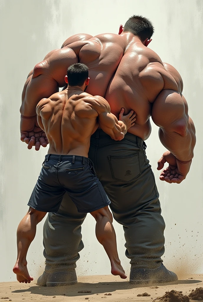 full view full body, Two different white very small but enlarged men, over-bodybuilded, over-inflated and over-muscled on steroids, stuffed like gorets, looking like muscle balloons, they are as wide as they are tall, blond with short undercut cuts, in shiny white latex skinsuits and white socks, fiercely wrestling in a wrestling ring in their white socks , no shoes, There are spectators around