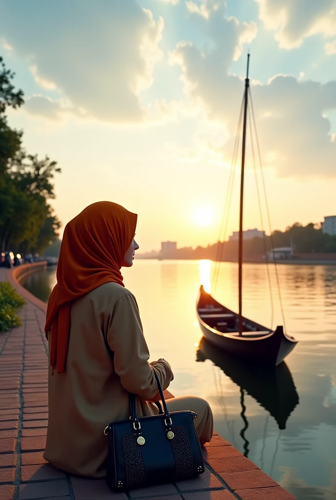 Muslim girl standing by Istanbul beach with birds
