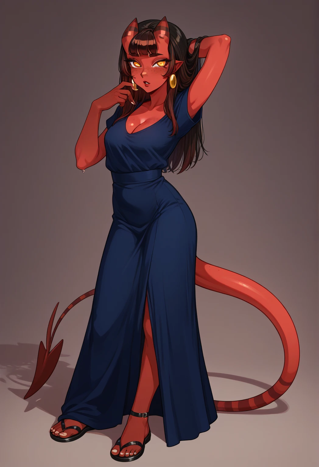 "Anthropomorphic cat character, a female with black hair, posing for a picture. She has white fur, large expressive eyes, and a human-like physique. She is wearing a green dress with a long skirt and crop top, adorned with jewelry including earrings and a bracelet. The character is standing in a full-body pose, smiling with long hair flowing down, and her midriff is visible."
