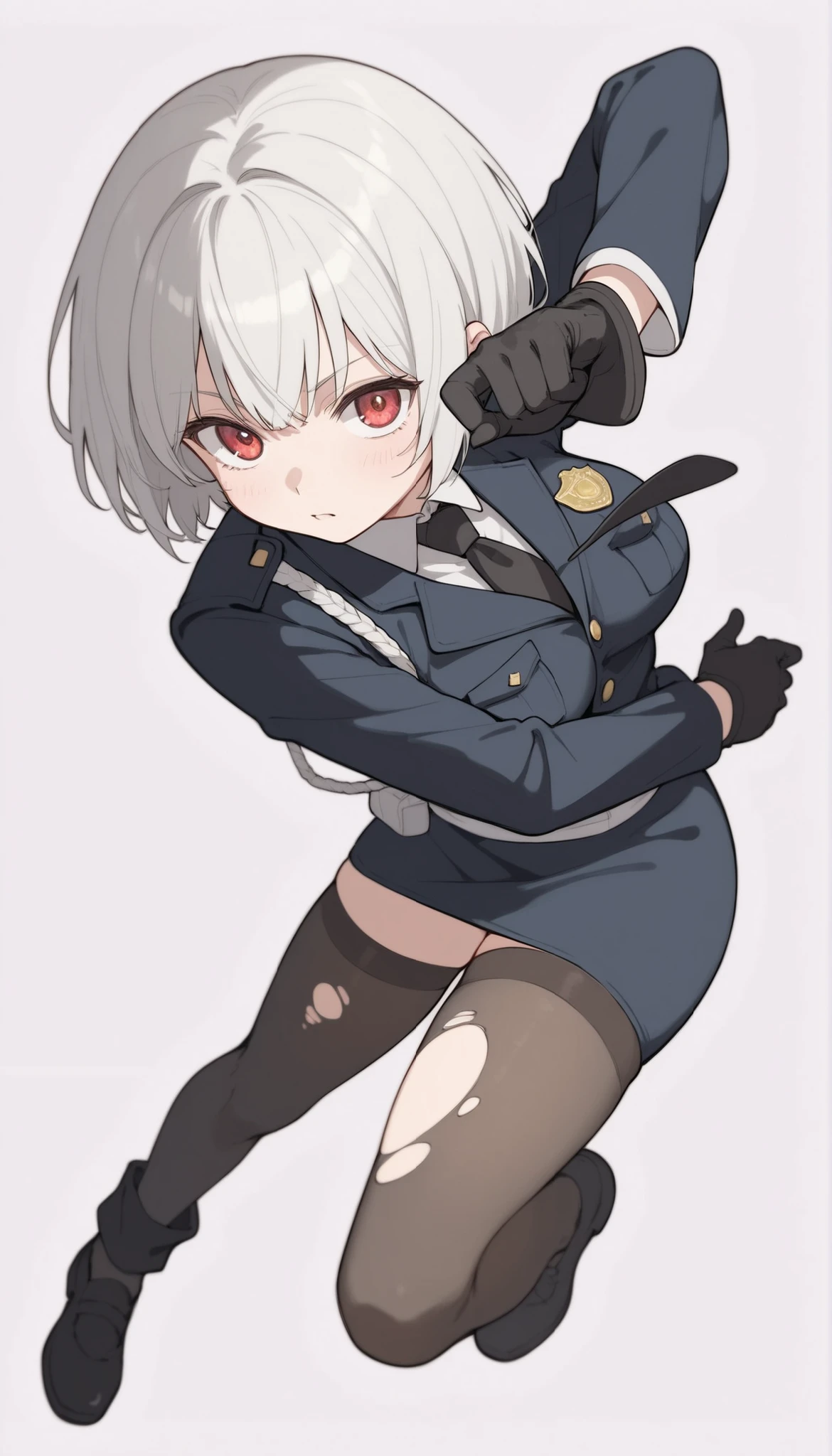 score_9, score_8_up, score_7_up, ((masterpiece)), (best quality), 1girl, solo, simple background, temptation, delicate face, Battle Pose , Thomas slalom kick, full body, silver short hair, long sideburn, red delicate eyes, Disdainful Eyes, Black Stockings, Damaged black police uniform, medium breasts, style: midjourney, white background, two-point perspective , Impact footage,motion blur,depth of field, closeup