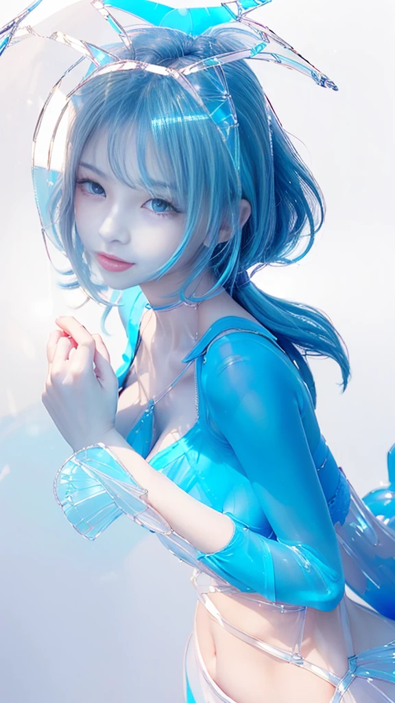 Japanese anime、A blessing to this wonderful world！Please make a realistic illustration of a character like Aqua.。I want light blue hair。I&#39;d like a full-body image in a bikini please。