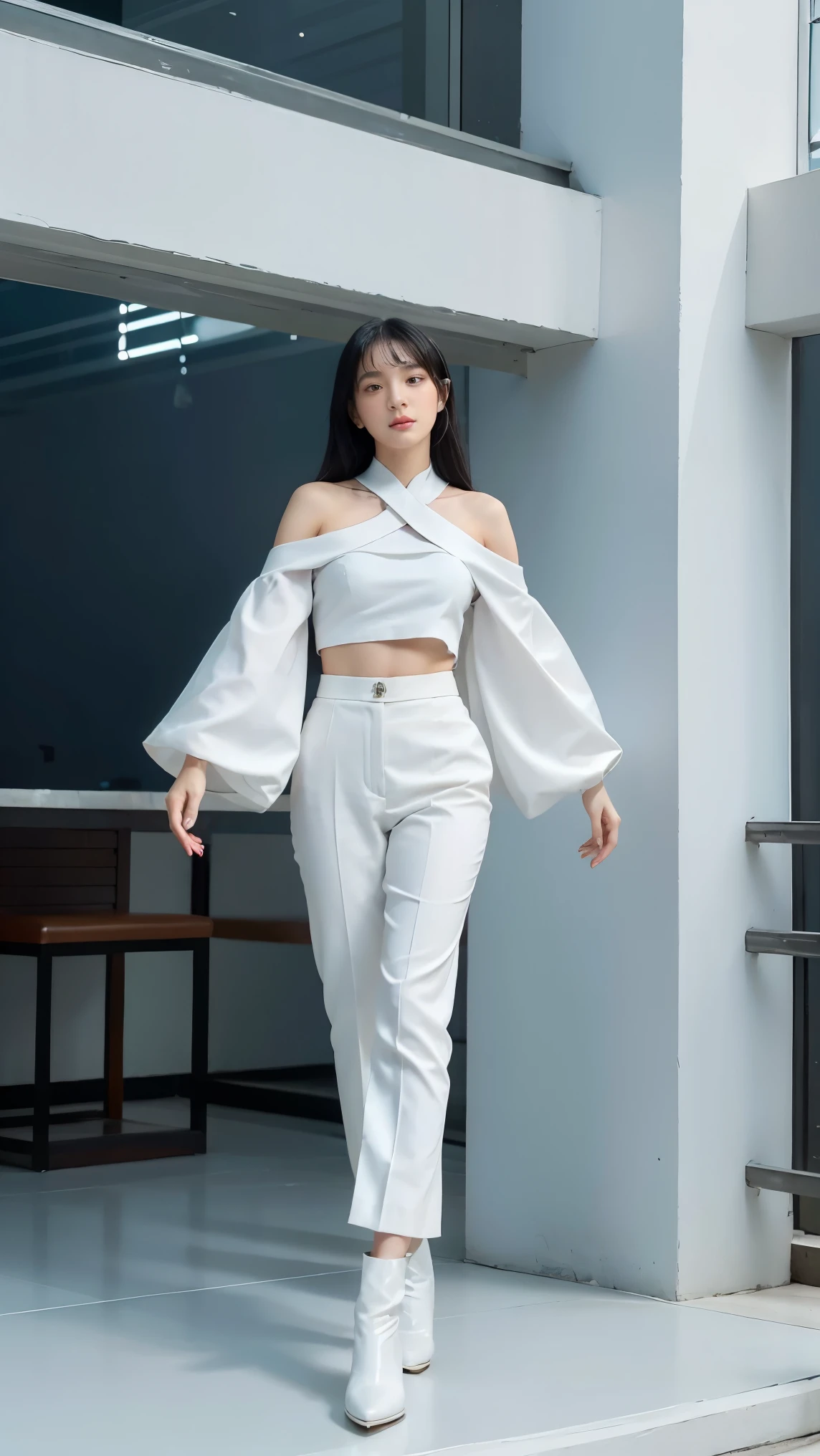 A petite and elegant woman attired in a white suit exhibits a calm and confident demeanor, standing at approximately 5 feet 2 inches tall. She possesses shoulder-length black hair that gracefully frames her face, complemented by almond-shaped eyes and a soft, radiant complexion. Her ensemble includes a sleek combat outfit, consisting of a white suit and trousers, characterized by icy blue and white tones that signify her proficiency in ice magic. Frost patterns embellish her sleeves and boots, as she summons sharp icicles suspended in mid-air, with her hands emanating a frosty aura. Additionally, she embodies the essence of a translucent, ethereal alien warrior, portrayed in a model shoot style, featuring extremely detailed computer-generated imagery unified in 8K resolution. This representation showcases the beauty of abstract stylization and surrealism, rendered in super detail to ensure the highest quality. The anatomical accuracy is emphasized in a striking 16K resolution, delivering an exceptional level of detail.
