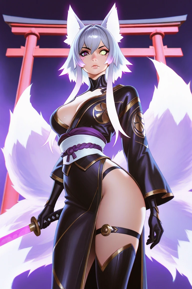 make me the character renamon from digimon but in a human version of this same one make him have details or characteristics of renamon like his ears and tail and also make a full body image make him have nice and firm breasts and a light skin tone too Make him a curvy, sexy body with medium thighs that are neither too big nor too small and white hair
