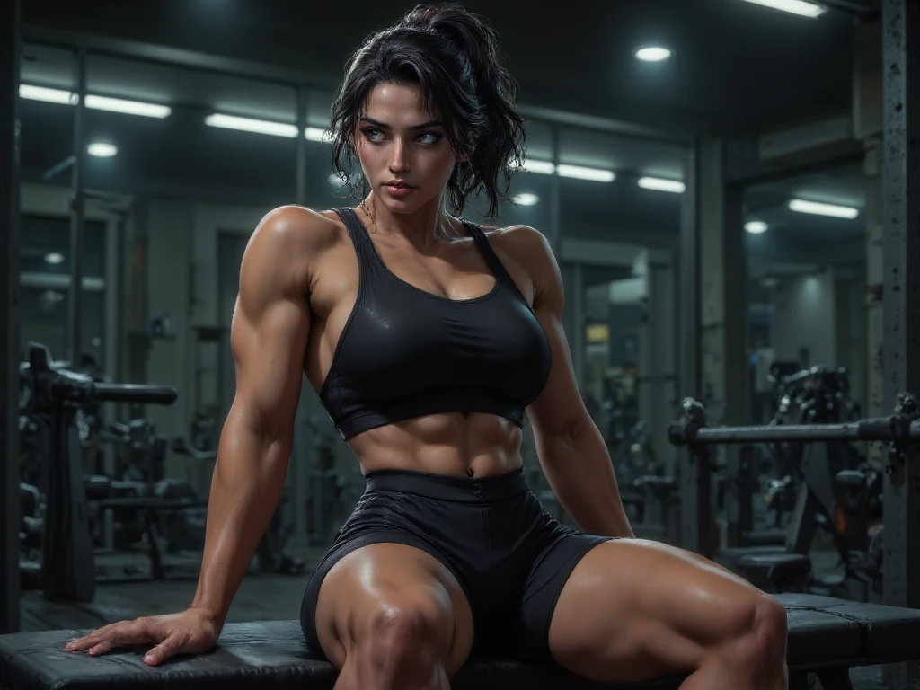 (best quality,4k,8k,highres,masterpiece:1.2),ultra-detailed,physically-based rendering,sharp focus,professional,vivid colors,bokeh,panther,dumbbells,detailed muscles,ripping shirt,Arnold Schwarzenegger pose,strong and muscular body,athletic,confident expression,fierce eyes,shiny black fur,intense lighting,muscle definition,flexing arms,toned legs,straining muscles,sweat dripping,background with gym equipment,weightlifting gym,indoor setting,monochrome color tone,contrast lighting.