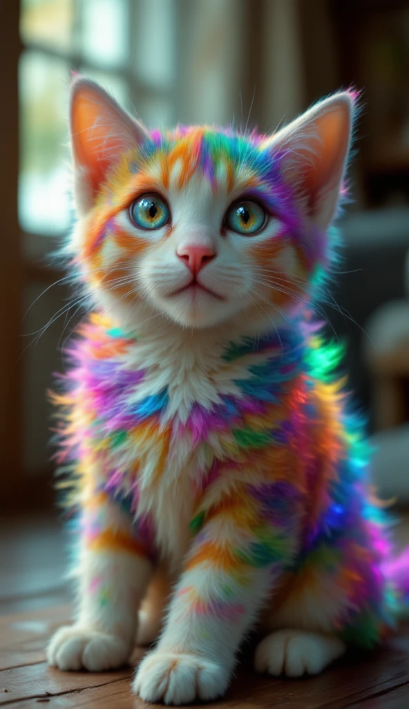 affectionate is cute  cat, rainbow-colored fur을 가진  cat,  cat,affectionate,is cute,rainbow-colored fur,4K,HDR, Realistic Description ,photorealistic,professional-grade,extreme detail,Vivid Colors,soft lighting,Refined atmosphere