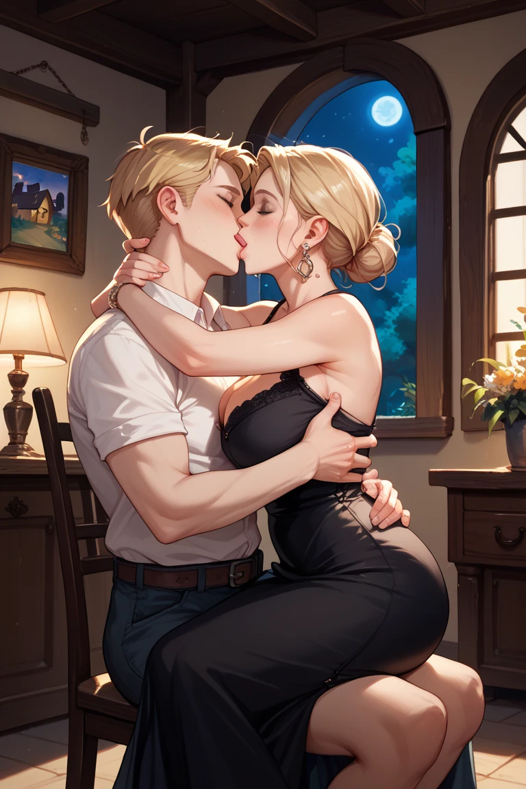 1girl, curvy, aged, seducing face, blonde long hair, old mature female, milf, in her house, livingroom, candle light, ((yamanaka ino)), wearing black idol dress, perfect body, curvy, night time, invite, low light,... 1 boy, hugginh, kissing (older woman younger boy)
