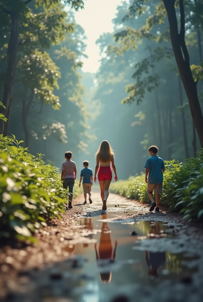 I have two children. 1 girl, 1 boy. The children are playing in the forest in summer.