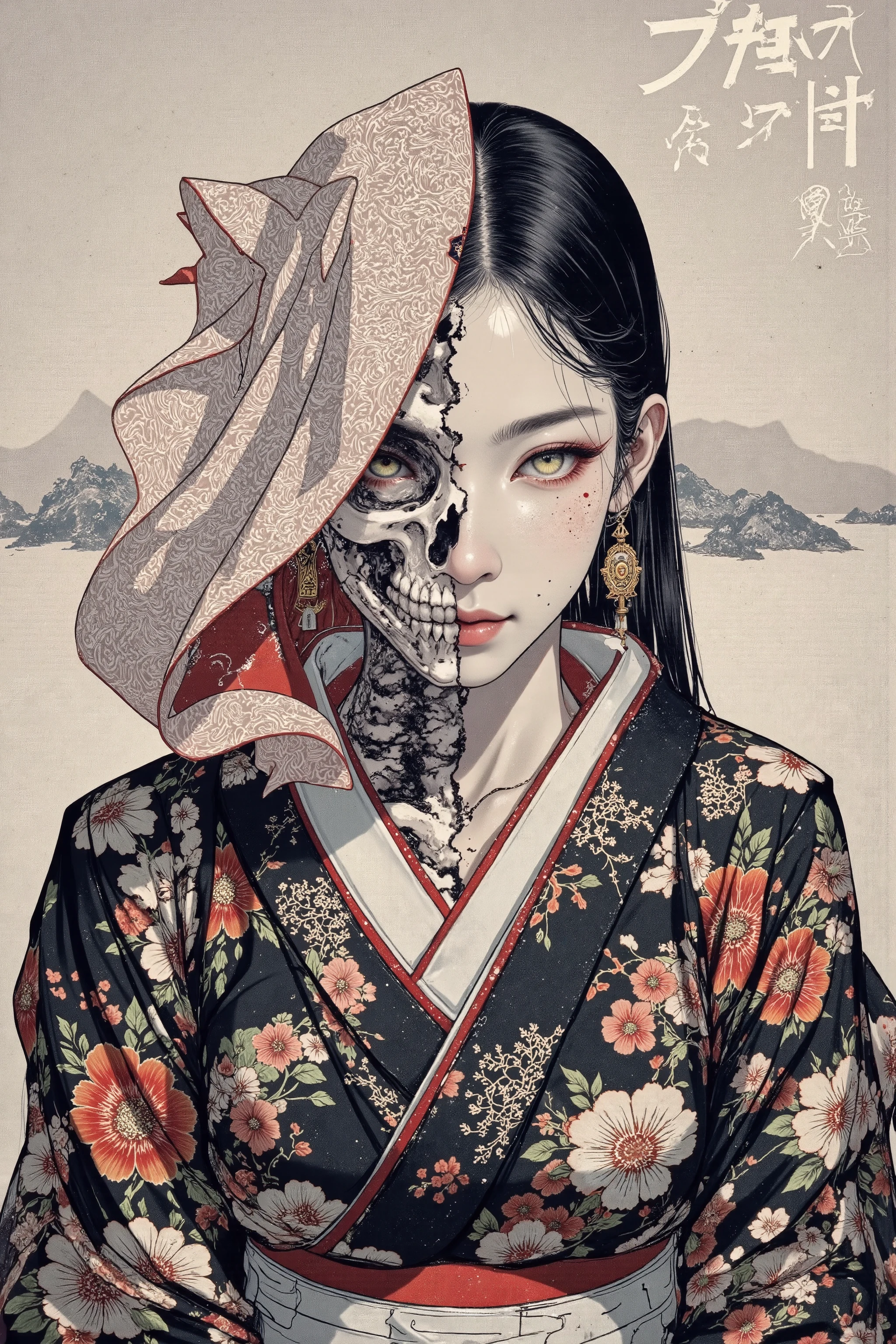1 girl,harf beautiful face,harf skeleton,kimono,scary ukiyo-e