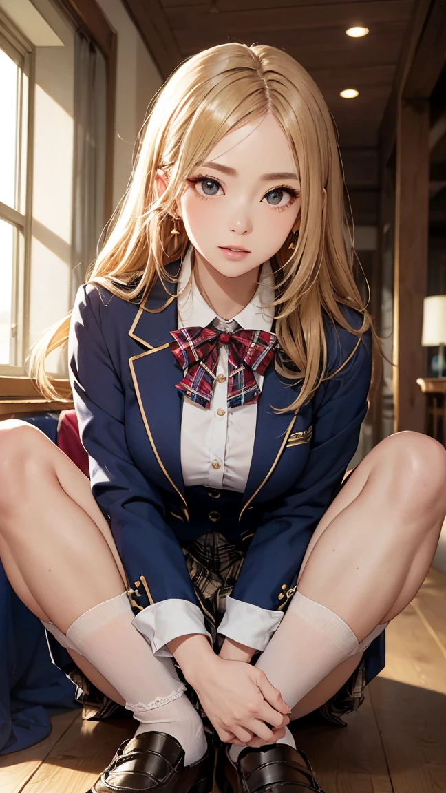 1girl, solo,fancy bedroom,(night), window,sitting on bed, (beside piano), piano,crossed arms, (pink_jacket:1.1),(Green_pleated skirt),(sailor_collar), school_uniform, serafuku,long_sleeves,Yellow_bowtie,blonde_hair,Long_hair,Green_eyes,perfect eyes, perfect face,looking at viewer, blush,looking at viewer, (angry:0.8),serious, , long legs, large breasts,20 years old,Bright_Front_face_Lighting,film grain,Fujifilm XT,phisically-based render,(masterpiece,best quality,official art,extremely detailed CG unity 8k wallpaper:1.4),(realistic photo),dslr,super fine illustration,highly detailed,very detailed background,highly detailed background,gorgeous nature refined rendering,contour deepening,best bloom,cinematic composition,cinematic bloom,cinematic shadow,depth of field,realistic,extremely intricate,flawless, clean, professional artwork, famous artwork,real,perfect anatomy,perfect proportions,slim waist,slim calves,pale skin,skin texture,skin pores,super detailed skin,detailed beautiful face and eyes,detailed eyebrows,detailed fingers,detailed toes,soft lighting, dramatic lighting,backlighting, <lora:Better Portrait Lighting:0.4>, <lora:backlighting:0.4>, <lora:Kaori_Maejima-V2:0.8>