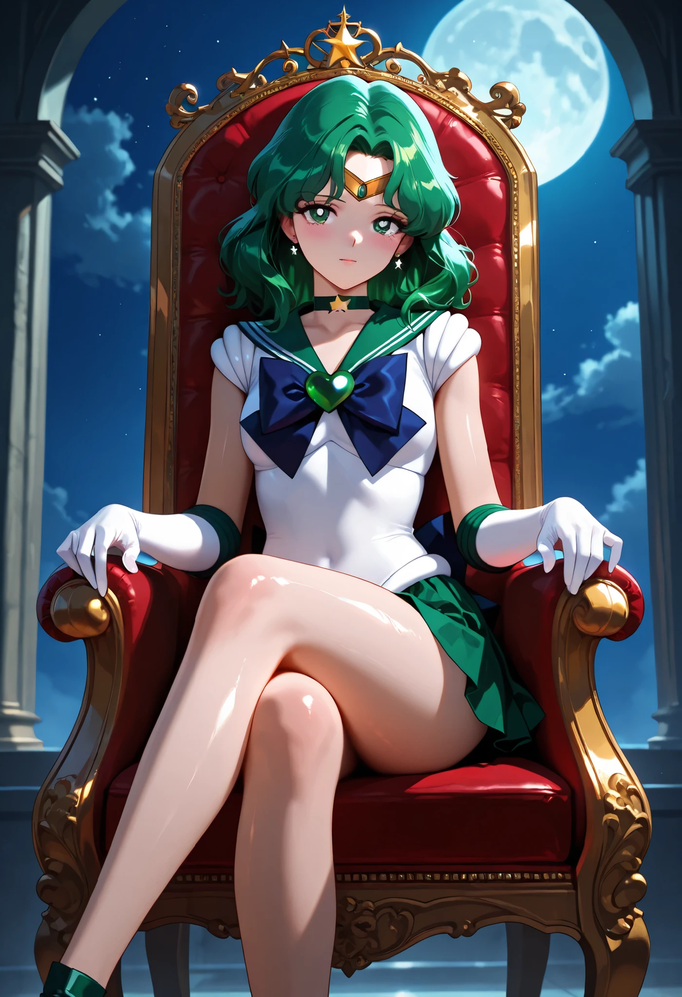 masterpiece,best quality,amazing quality, mature, small breasts, michiru kaiou, green eyes, tiara, green hair, medium hair, brooch, choker, gloves, heart brooch, magical girl, sailor senshi uniform, skirt, star choker, white gloves, bow, green bow, green sailor collar, green skirt,, sitting, throne, moon kingdom, crossed legs, clear skin, ultra-detailed-eyes, soft skin, very awa, very as2, shiny skin, shiny hair, soft body, 90's style, official art