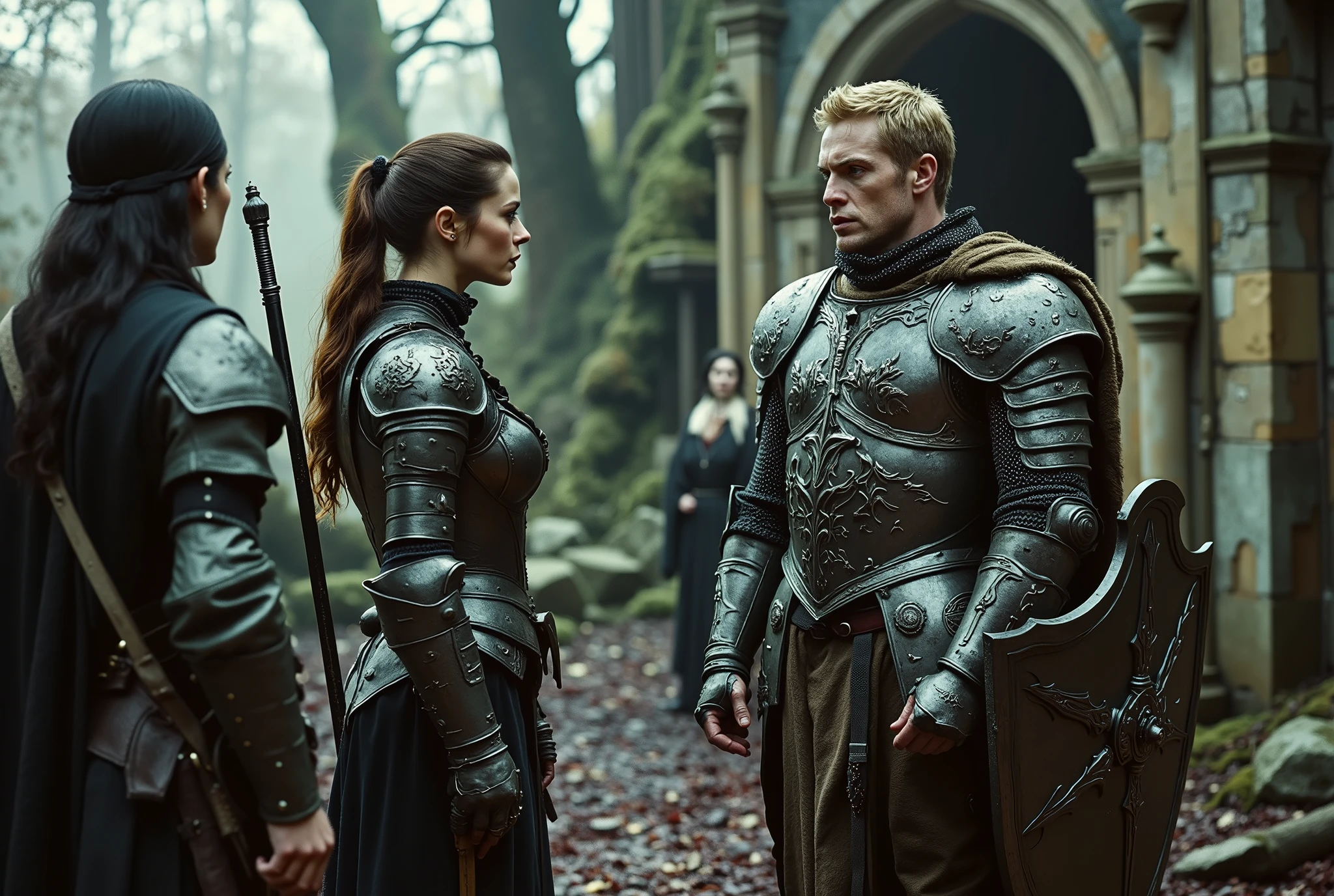 A photograph of a tall woman in intricately etched full-plate ebony armour, wielding a black glaive. She appears unkempt, with long brown hair tied in a ponytail, fair skin, and light green eyes. She is in a heated argument with an angry, muscular blonde man clad in silver chainmail, equipped with a sheathed sword and shield. A female observer, dressed in dark velvet robes, has a pale complexion and long black hair, and she looks on with concern at the argument. In the background, a male ranger and a male soldier stand amidst a blood-soaked forest glade and ancient ruins. The blonde man gestures toward the doorway of the ruins. The atmosphere is unsettling, liminal, and violent, imbued with a sense of despair. It conveys a highly detailed, dystopian, and oppressive ambience of decay.