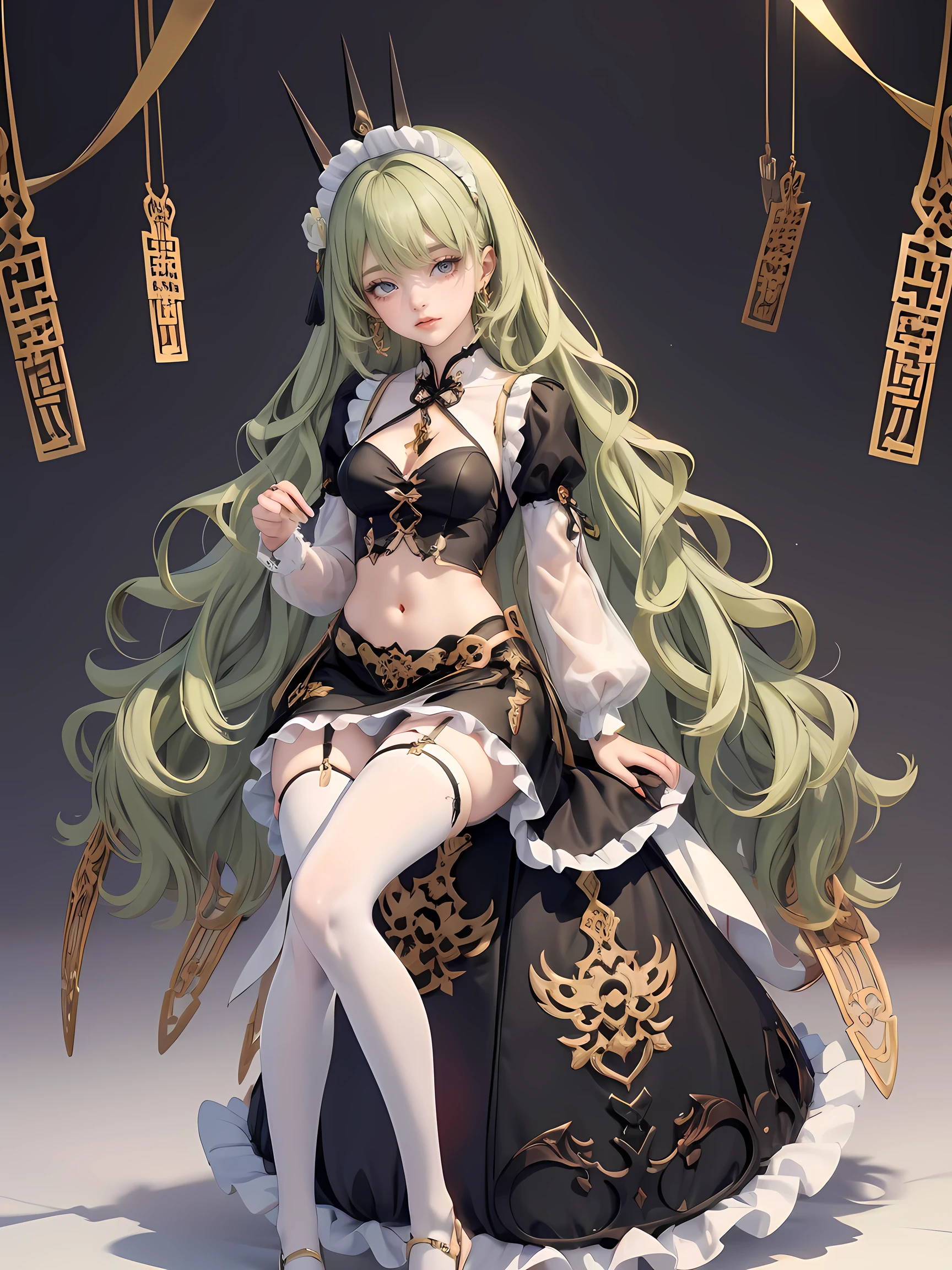 1girl, green hair, harness, black cropped, black skirt, chinese maid design, solo, stomach, white roses, symmetrical gloves, high socks, harness, tassel, chinese maid dress, v neckline, garter on the legs, stand up, white apron, maid dress, chinese maid, chinese aesthetic, thigh gap, harness, white roses on her hair, solid background, chinese maid uniform, full body, too many frills in her dress, magical girl, perfect anatomy, gold jewelry, harness, breasts curtains, Cute pose, puffed sleeves, tassel, glow eyes, long hair with long waves and white roses, high thigh, frills, harness, chinese maid uniform, chinese maid dress, white apron, garter on the legs, gold jewelry, solid background, stand up, blushing, maid headdress, chinese maid dress with too many frills, Chinese aesthetic, flare skirt, harness, centered girls, full body, glowing hair, magical girl, more details on her clothes, golden details on her dress, harness, tassel
