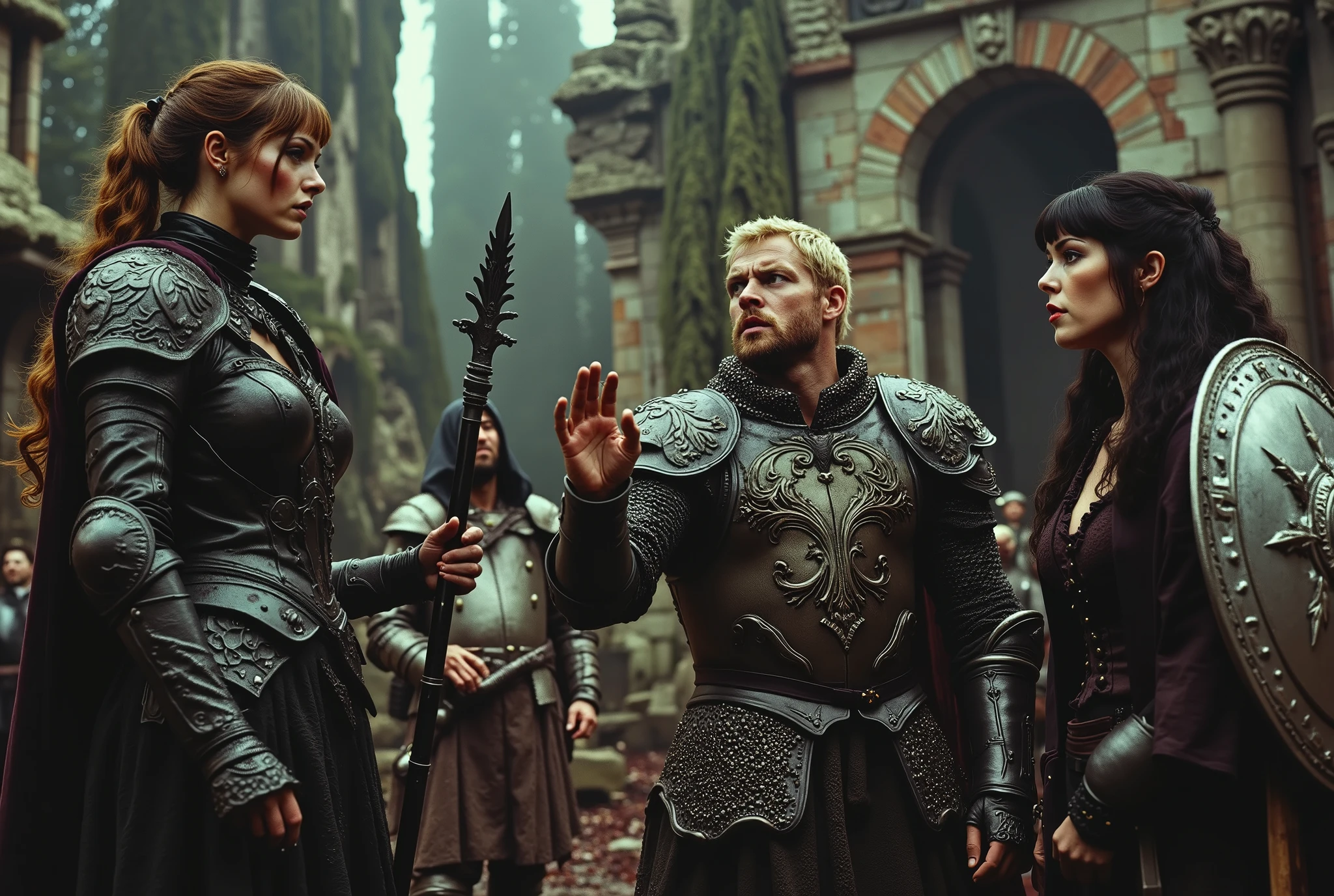 A photograph of a tall woman in intricately etched full-plate ebony armour, wielding a black glaive. She appears unkempt, with long brown hair tied in a ponytail, fair skin, and light green eyes. She is in a heated argument with an angry, muscular blonde man clad in silver chainmail, equipped with a sheathed sword and shield. A female observer, dressed in dark velvet robes, has a pale complexion and long black hair, and she looks on with concern at the argument. In the background, a male ranger and a male soldier stand amidst a blood-soaked forest glade and ancient ruins. The blonde man gestures toward the doorway of the ruins. The atmosphere is unsettling, liminal, and violent, imbued with a sense of despair. It conveys a highly detailed, dystopian, and oppressive ambience of decay.