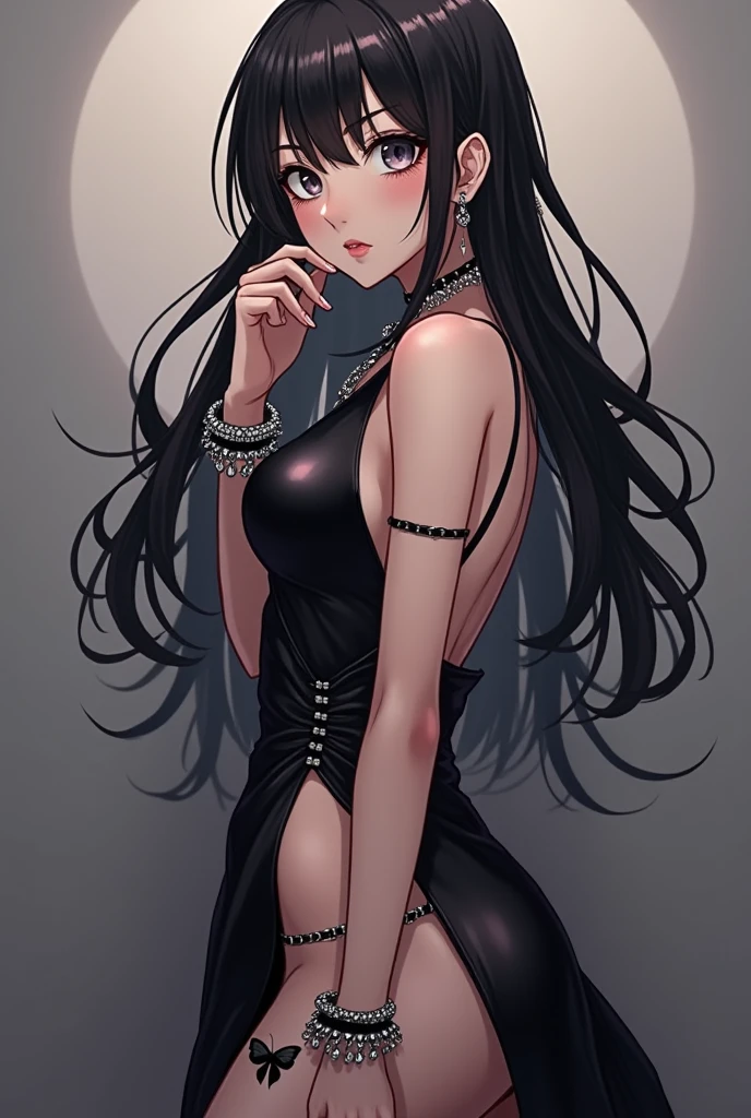 tsuruta ichiro, Narrow-eyed, 1girl in, Allback、shorth hair、brow、Reluctance、A dark-haired、Tucked Hair Solo, Cowgirl, Onepiece, ((mideum breasts)), Thin slit eyes、Black eyes, Light shines on the eyes、Black hair, gloves, Dress, Luxurious Jewelry, earrings, sharp eye、 elbow groves,Raise your hands and tie your hair back, random color, random color dress, Makeup for long eyes, Slender eyes、lip stick, Complex petal pattern, Rim Light, Back Light, pastel color,Studio Lighting