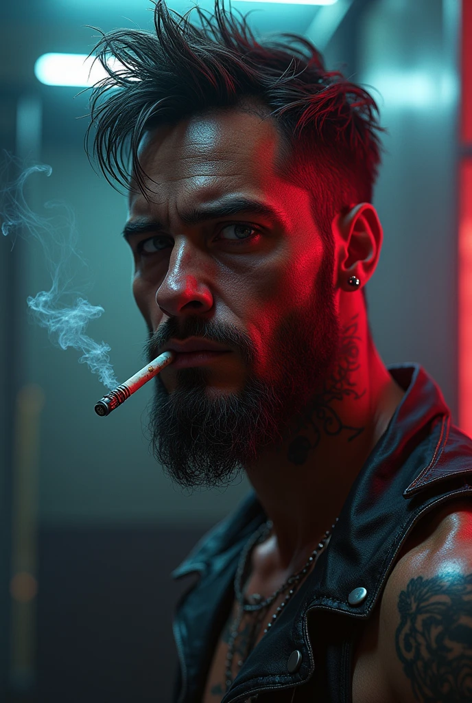 a bearded man with a tattoo smoking a cigarette in a city, cyberpunk style, hyper realistic, tattooed man, portrait of a cyberpunk man, hyper-realistic cyberpunk style, ultra-realistic cyberpunk art 8k, cinematic portrait, epic cinematic portraits, artstation man aesthetic , cyberpunk guy, anton fadeev 8k, portrait 8k, cyberpunk 8k