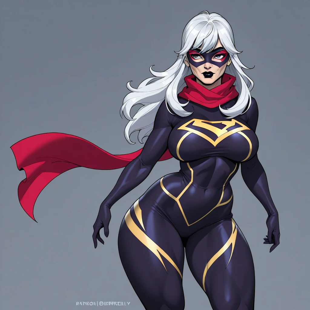 Generate a high-resolution digital illustration of a superhero called Super Streaper. She is a 25-year-old woman , of Colombian descent (Medellin) that measures 2 meters high thanks to a serum that granted her powers equivalent to those of Supergirl. Her story begins as a night worker, before becoming a heroine.
She has a body, , slender, athletic and feminine, with wide , defined curves, Long and sensual legs, abdominal , large and shapely thighs. Her face has intense black lips, thick eyebrows and a daring and sensual look. She has long, flowing white hair.
Her costume consists of a tight and daring red scarf, complemented by a mask that hides her identity and a layer that adds drama to the image. The composition must be ducky omically correct and highlight both the strength and femininity of the character.
