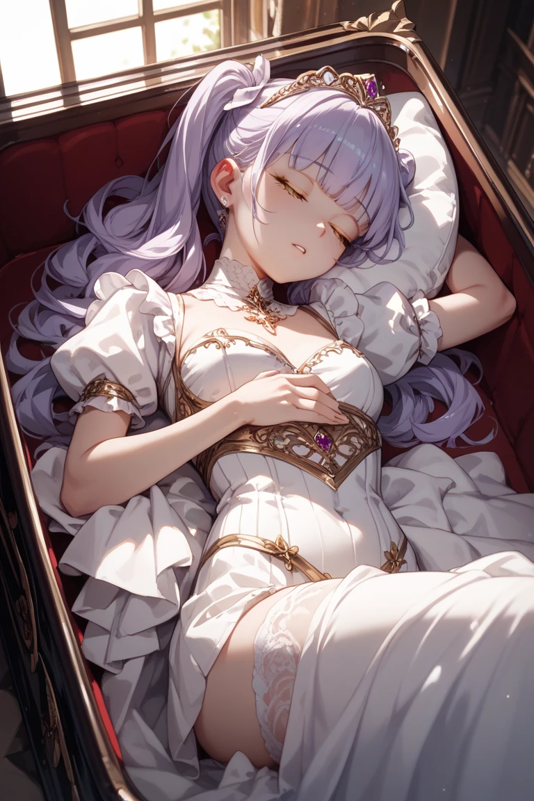 Little woman with short light purple twin tails and golden eyes,Coffin,White funeral clothes,,Sleep,sleeping,rapes,,insert