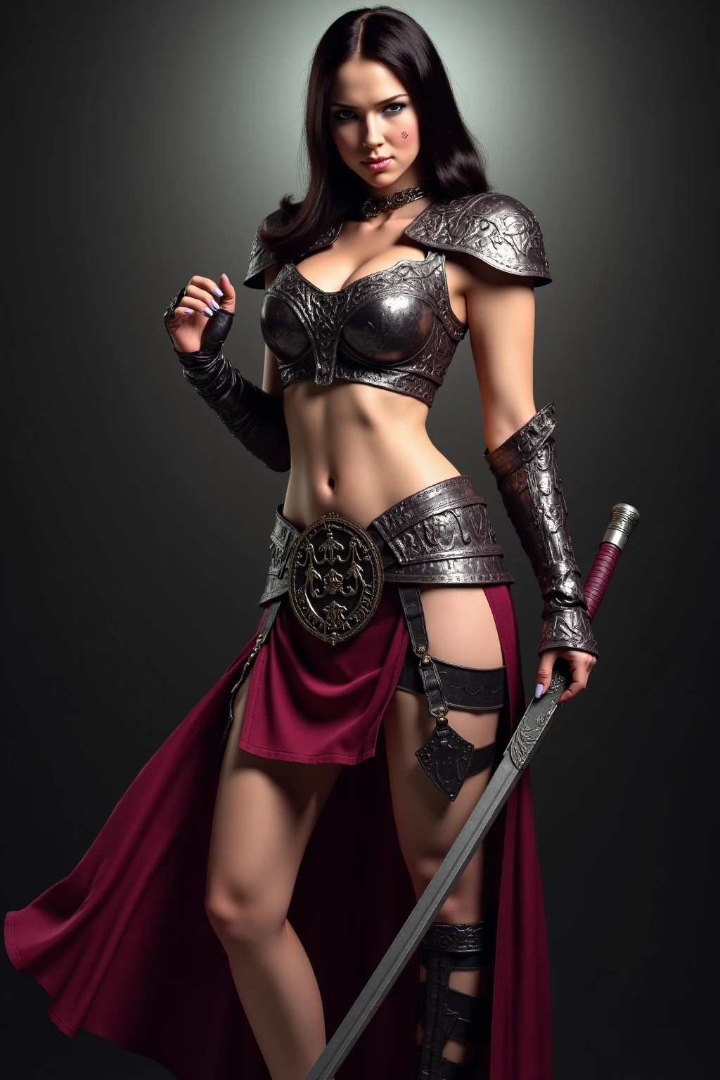 1girl, barbarian woman, seductive pose, red monica, red sonia, xena, silver chainmail bikini, silver chainmail skirt, full body shot