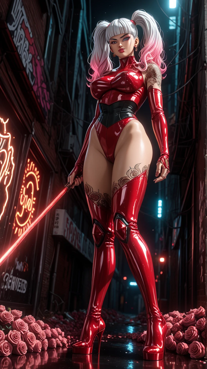 Beautiful Harley Quinn as succubus, torn dress, sexy, Full body shot, Harley Quinn, stop in the rain, in gothic city, glare, seduction. harassment, Harley Quinn as Sexy Succubus. sexy demon.