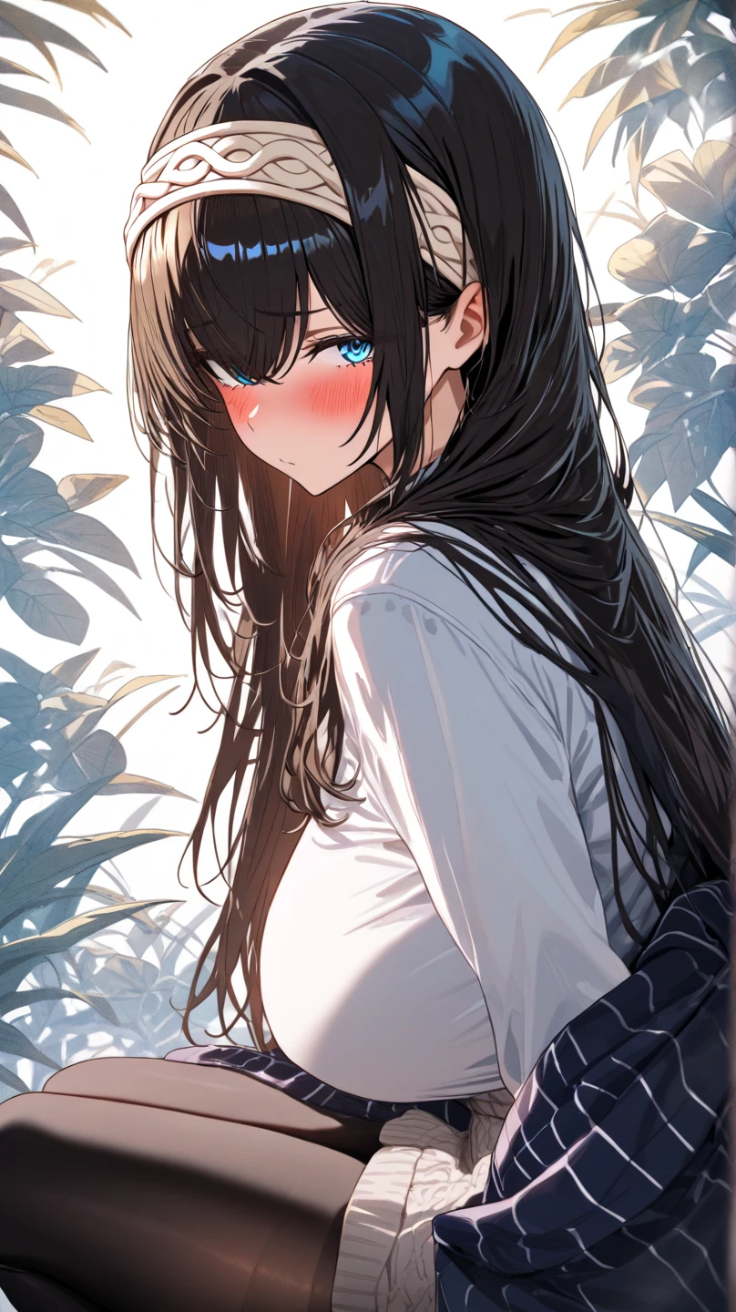 1 girl, blue eyes ,long black hair, wearing white plain shirt, short skirt, jungle , high res , 8k , ultrasharp , looking at the viewer