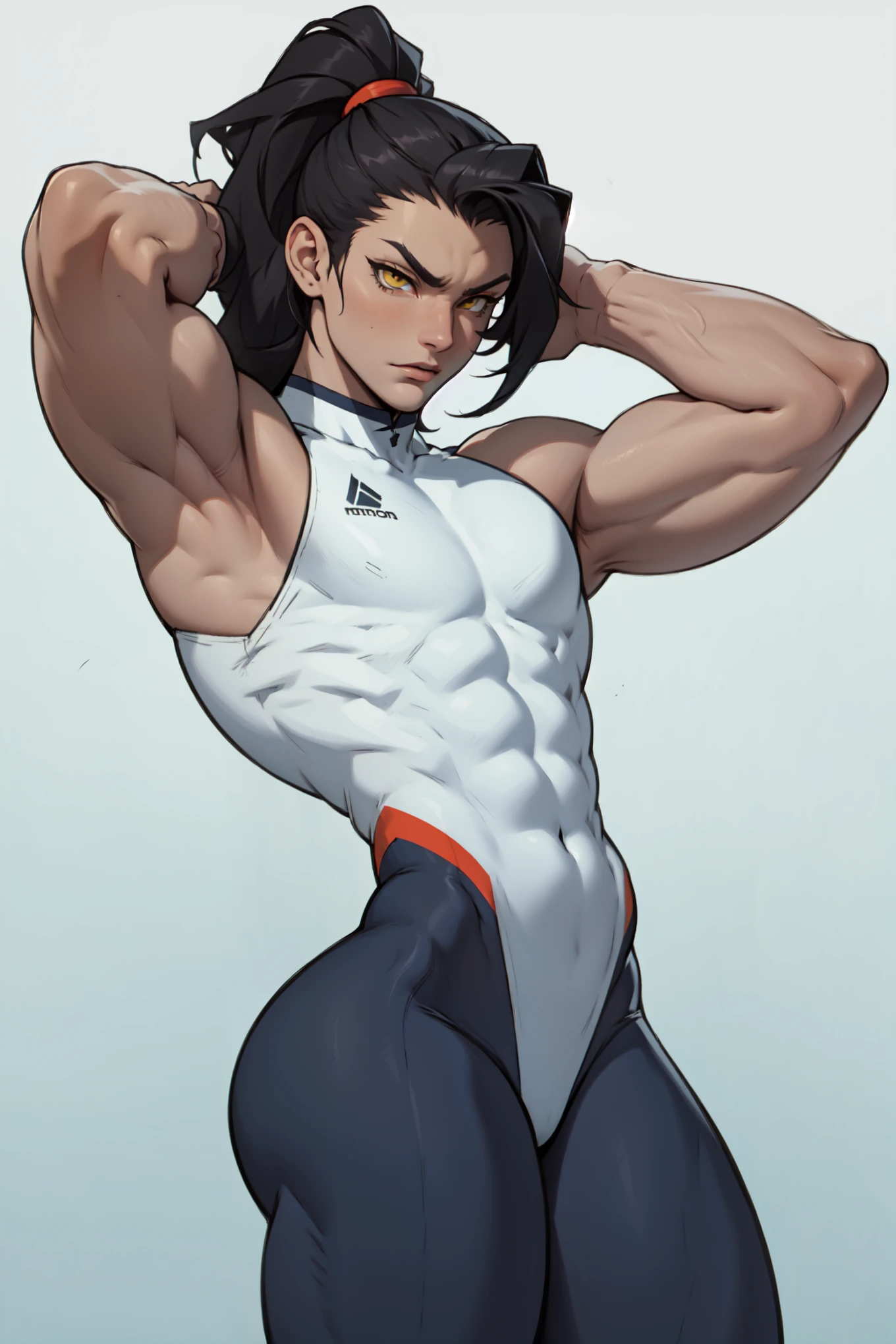 thin man, Fitness, 30 years, white, serious, brown ponytail, posing sideways