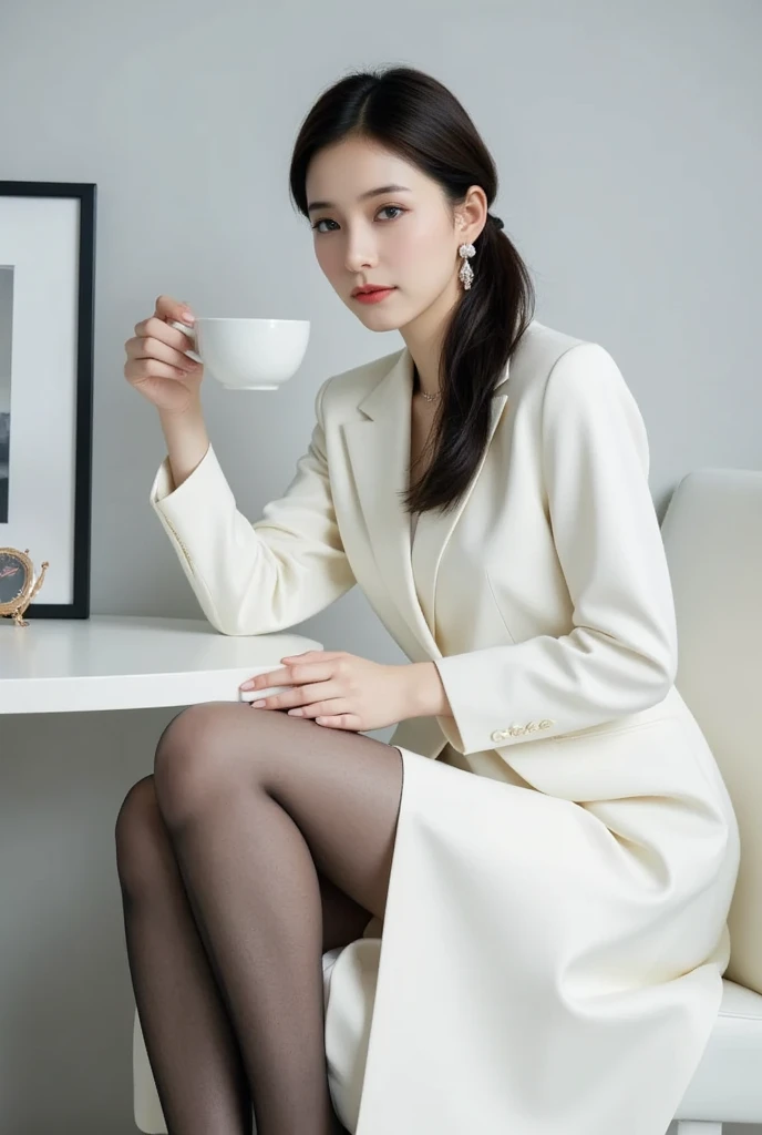A gorgeous middle-aged busty Indonesian hot mom, sitting, formal suit, blazer with hijab, beautiful smile showing teeth, in a private room, pov, lover, cinematic lighting, highly detailed, photorealistic, 8k, sharp focus, hyper-detailed, extremely realistic, masterpiece, professional photography
