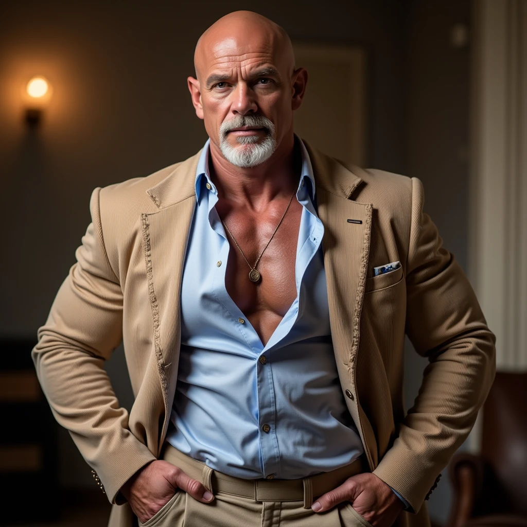 1boy, indian, solo, facial hair,70 yrs old, dad, male focus, flaccid penis, bald head, pectorals, bara, muscular, mature male, muscular male, abs, long beard, ring nipples, short hair, navel, stomach, large pectorals, thick eyebrows, corset, white shirt, bare pectorals, dark-skinned male, erection, thighs, garter and suspenders, erection under clothes, fancy suit, dark skin, tie, open shirt, jacket, grey business suit, pectoral cleavage, cowboy shot, cop agent uniform, feet out of frame, thick thighs, looking at viewer, masterpiece, 4k, high quality, highres, absurdres,