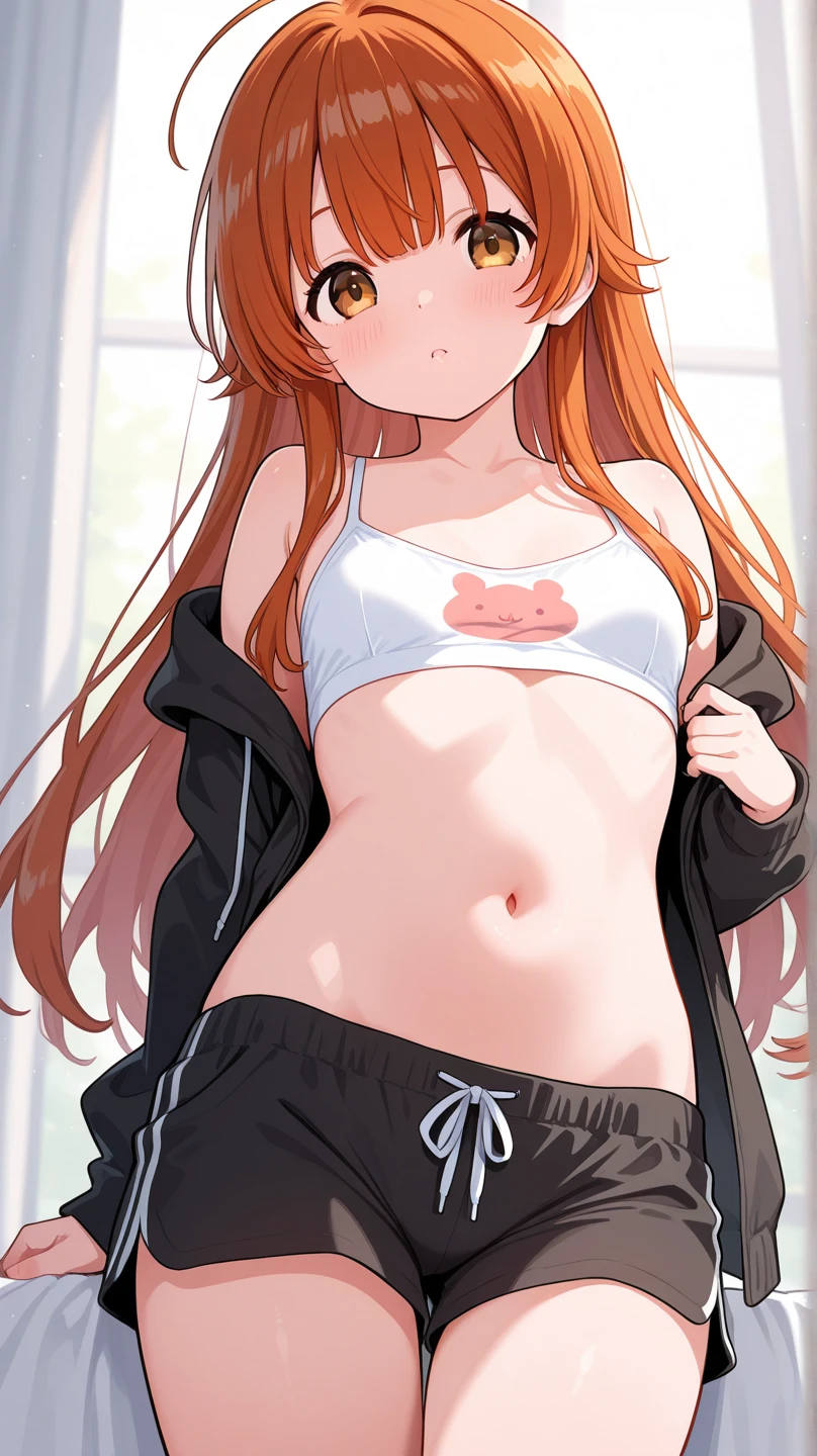 a girl in a short pink crop top showing half her midriff, crimson red shorts, face smiling seductively,detailed beautiful lips, masterpiece,sharp focus.