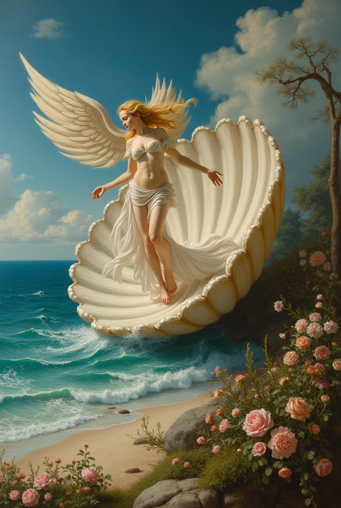 #a big shell#Aphrodite goddess of love#goddess Venus#Birth of Venus#goddess of greek mythology#Goddess of the Sea#oil painting of greek myth#beautiful female angel #naked#sensual