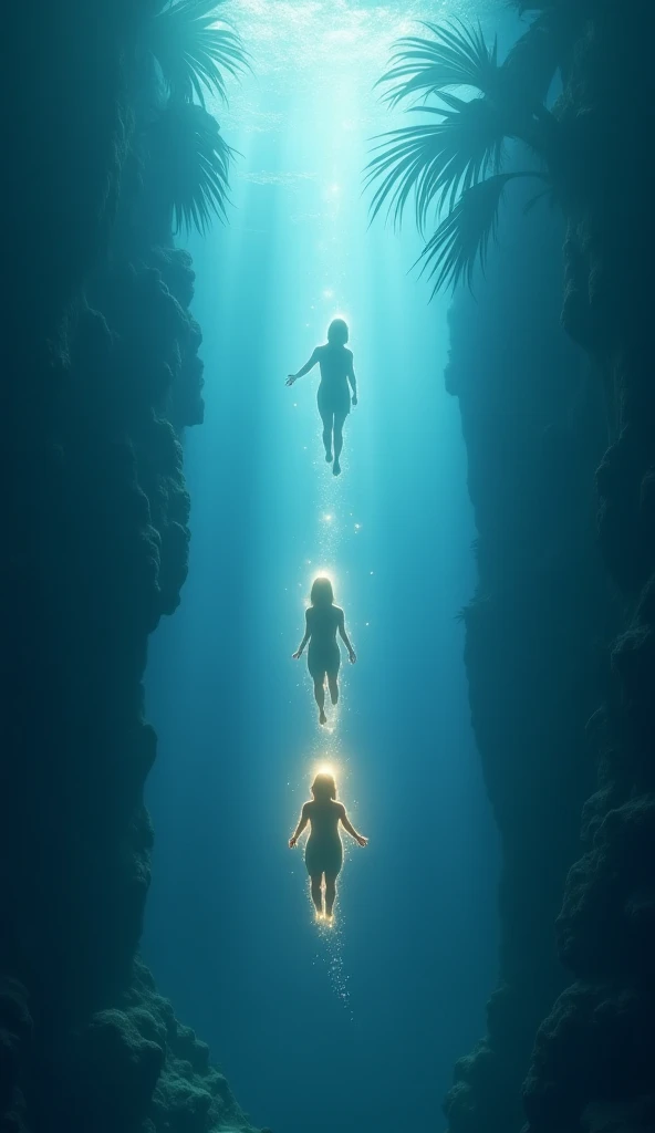 create an image that shows what the earth looked like (including fauna and flora) in the Silurian period (shallow seas, mountainscape, rocks and invertebrate animals)
now add three teenage girls swimming in the water (I want to see your faces)