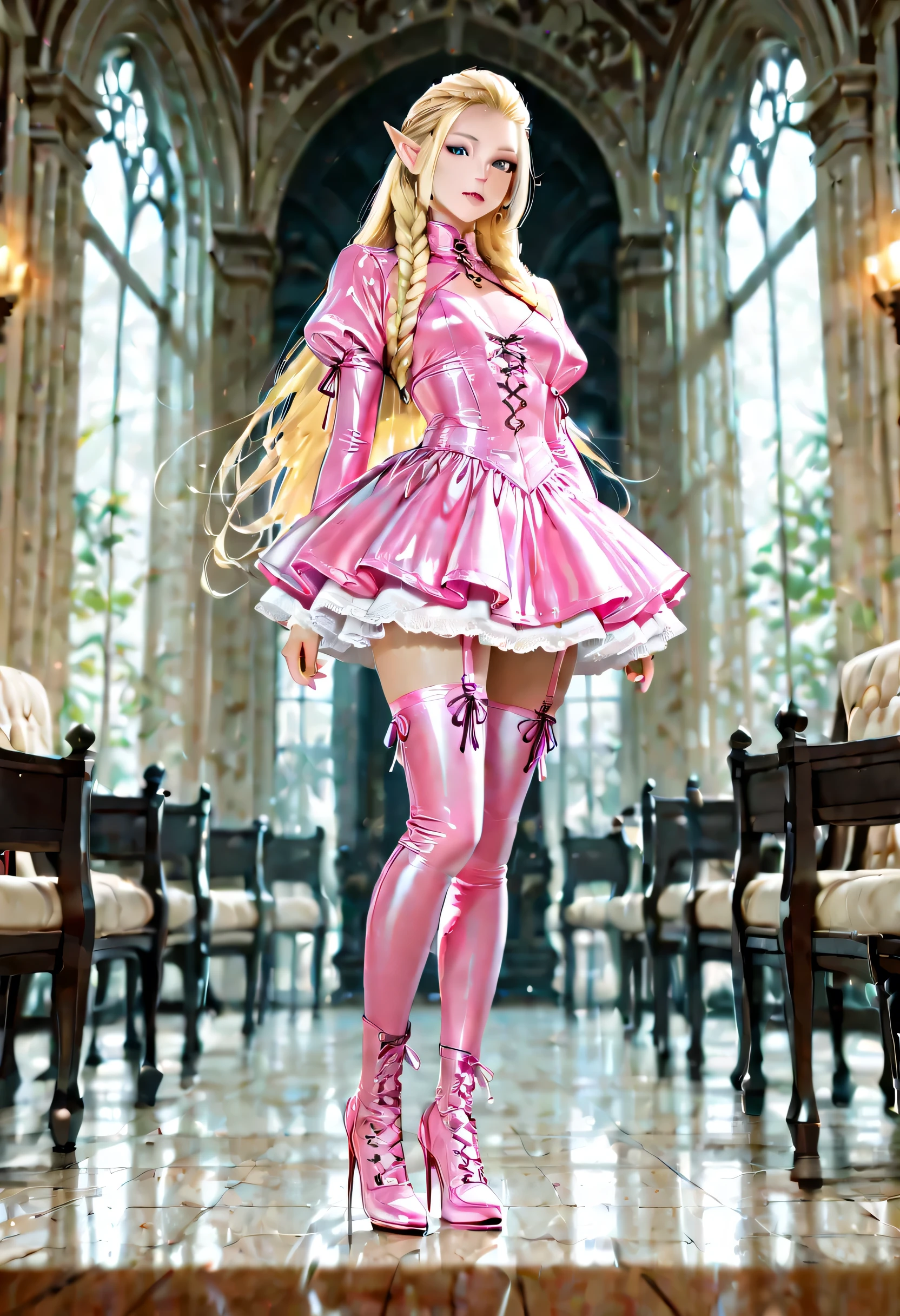 a pin up picture of goth Elf as a dominatrix queen ultra detailed face, ultra feminine, wearing latex pink mini dress, pink stockings, pink high heels, small elf ears, long braided hair, hair pulled back, blond hair, small pointed ears, modern bedroom background, ultra best realistic pictures , best details, best quality, 16k, masterpiece, best quality, (extremely detailed), ultra wide shot, photorealism, depth of field, hyper realistic painting, lace up stilettos, fantasy, Cinematic Shot, dvr-hgh-fnt, d4f4b