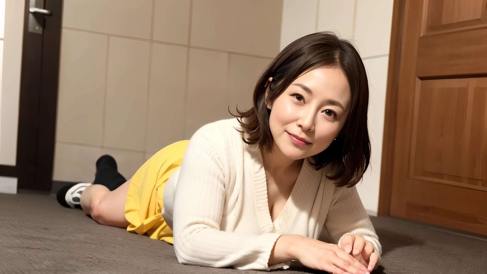 elevator,50 years old,mature woman, detailsな目,Wrinkles Around Her Eyes,despair,plump body,),(big butt)(masterpiece:1.6, Best Quality), 複雑なdetails, writing boundary depth, details, ( v knit and skirt ),8k,Best Quality, masterpiece, Ultra High Resolution ,, (random hairstyles in the white jungle),Hands on the Floor 1.6