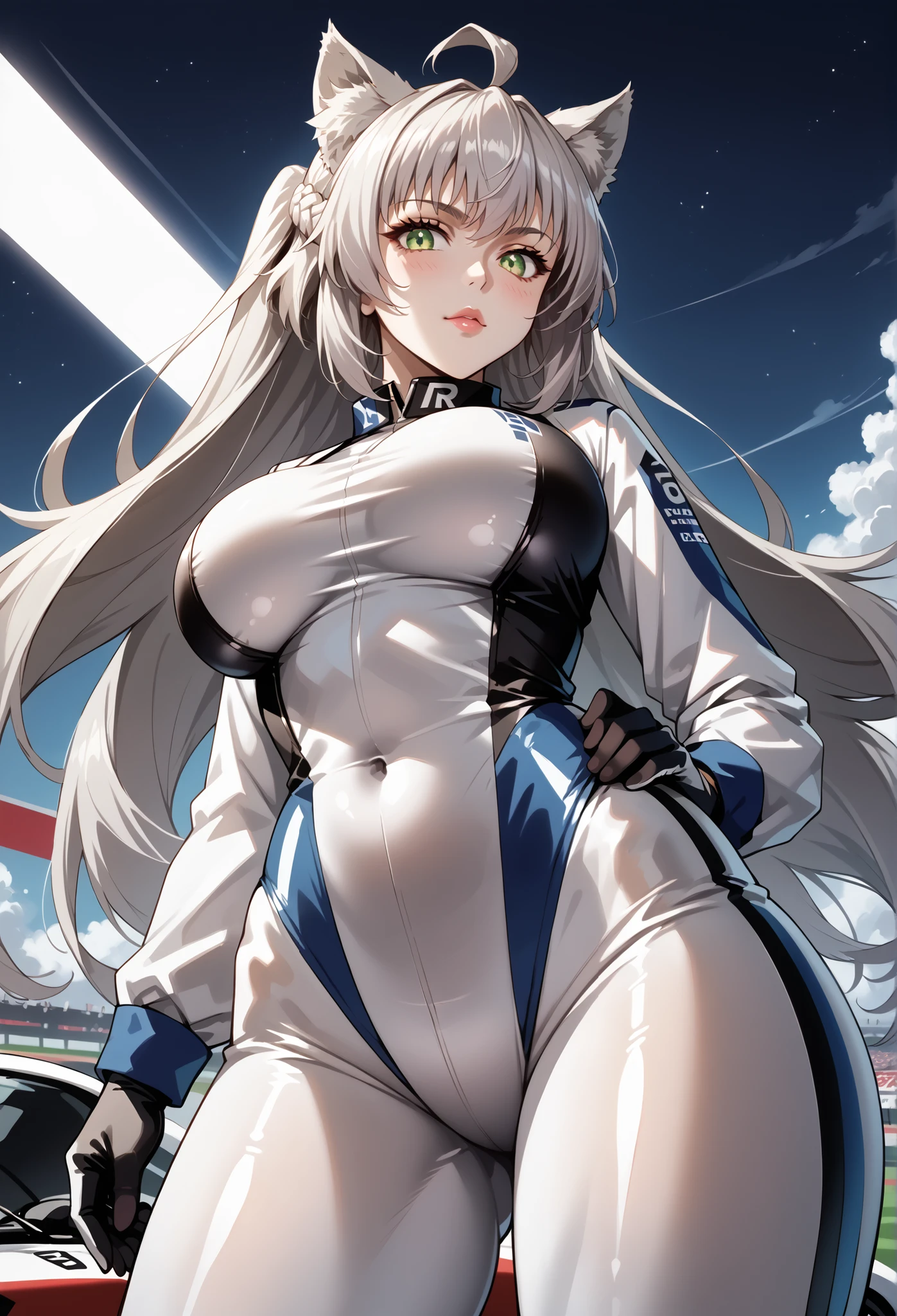 masterpiece, highest quality, High resolution, 1 girl, ticker, Ahoge, big breasts, race_Queen,silver leotard, Jacket, embarrassing,closed mouth, field,