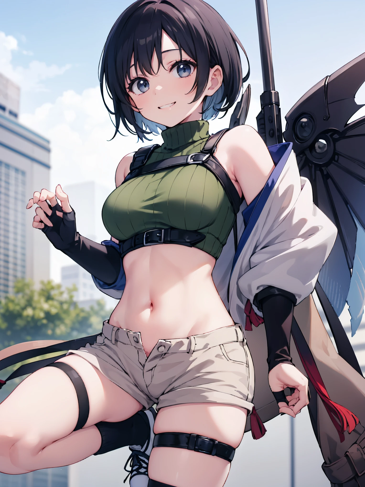 fisheyes, solo, high quality, black hair, (forehead), (short hair), green eyes, medium breast, (straps on thighs:1.3), blue sky, (stocking:1.2), (cameltoe:1.2), smile, (nipples:0.8), (thick thighs), (middle Ages:1.2), sky, clouds, cat ears, tail,