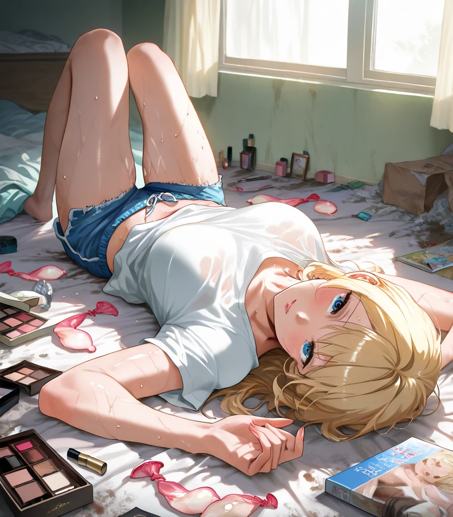 realistic anime illustration of pretty woman is lying down, her back is leaning against wall, closed eyes, she has brown long hair with hairclips (+multicolor hair, hilighted blonde hairs, swept-side bangs ), wears blue denim jacket, pink tank top, blue denim pencil mini skirt, brown flat shoes, (1girl, solo, full body, front view), (masterpiece, best quality, japanese anime style), (expressive eyes, perfect face, perfect body)