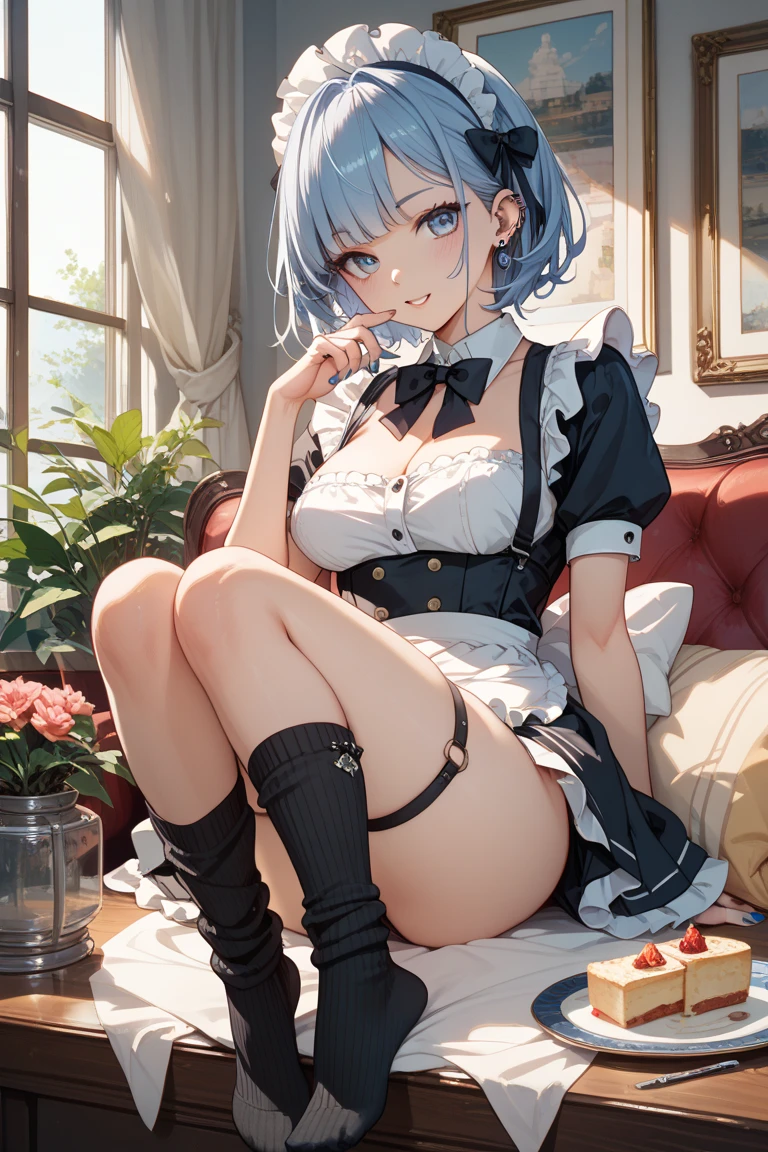 (highest quality, 8k, masterpiece, best image quality, ultra hd, delicate and smooth skin, real looking skin, perfect and beautiful face ,perfect and cute face, high detail skin, perfect limbs、thin waist、thin legs)、Cook clothes、evil smile、silver hair、very short hair、in the kitchen、