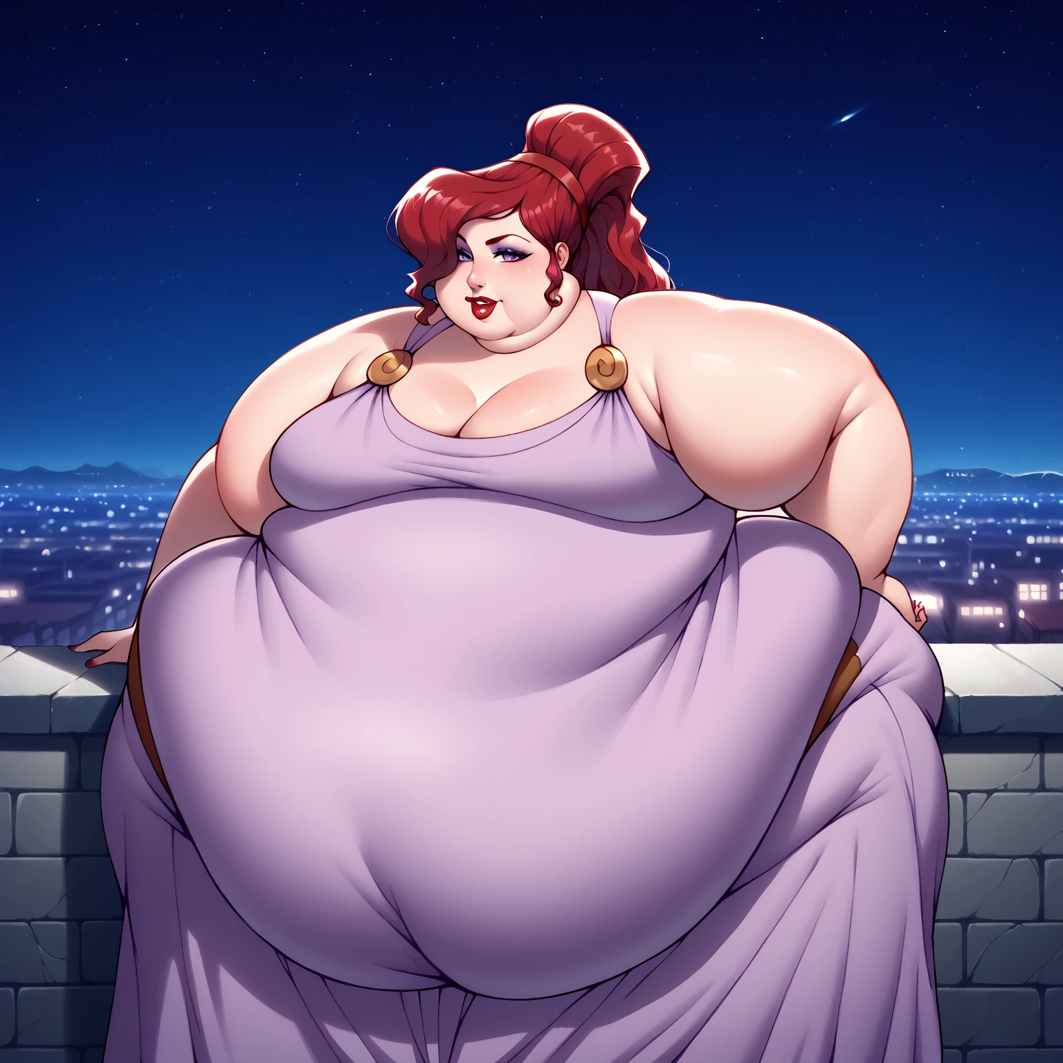 anime character with a huge belly, he has a ((jiggly fat round belly)),  thicc, his belly is fat and round, ,((obese )), heavy detailed, extremely plump ,((insanely wide hips))large thighs,(( Proportionally large arms)) ,((proportionally enormous legs)),best quality, masterpiece, solo, (( Tall ,Feminine))Male in red Dress with crown,( Red corset, Skirt trail), wearing an ornate outfit, anime princess, in a fancy elaborate dress, ((Long Orange Hair:1.4)), ((hair styled in curls:1.3)),((Green eyes)) Background(Ballroom)), expression (Smug, Smile, Sensual),pose( Hand on hips, Other hand in hair)