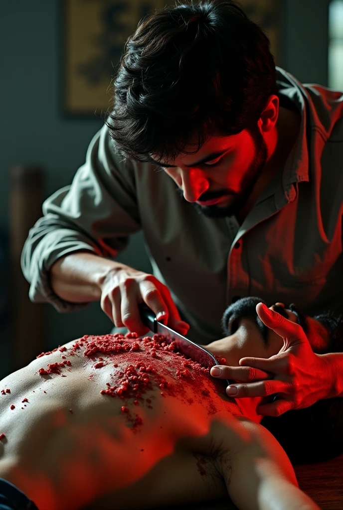 daemon, infected with mushrooms, cutting your skin, drinks alcohol, flowing down his body and mixing with the blood on the floor.