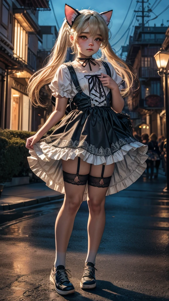 Princess, Yellow hair, 18 years old, Beautiful, erect through、Standing on Balcony、Innocent, Blue eyes, rococo dress、Neat and clean dress、long skirt、Dress with little exposure of the upper body、embarassed expression、white overknee socks with garters、(Lace Knee Socks)、A solemn atmosphere、Very low angle、FULL BODYSHOT、(((Strong wind from under your feet)))、(My skirt is flying up in the wind.)、(((Skirt lifted by the wind:1.5)))、(())、(((Luxury lace panties)))、(((super delicate panties)))