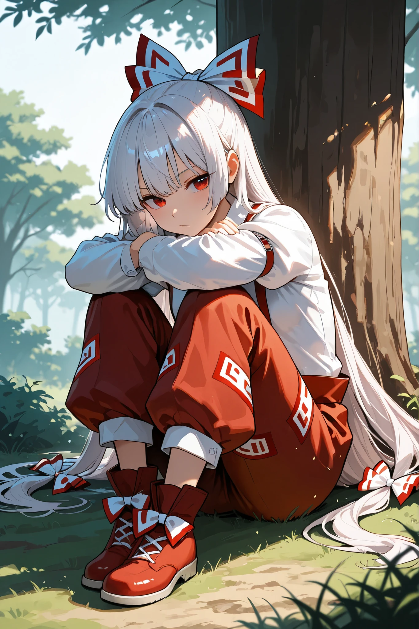 ghost, demon girl, scar on face, horn, gray hair, detailed, bright ((red skin)), forest night, sitting on a rock, sleeping, detailed face, katana, loose pants, health, movie lighting,
