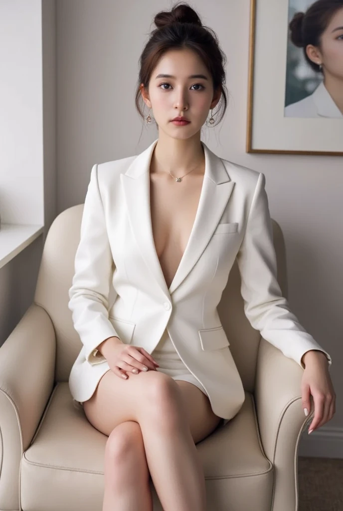 a 22 year old face of the most beautiful actress in the world, the perfect body proportions of a female, the whole vagina between opened legs is clearly seen thanks to nothing is covering it, blazer is firmly worn on formal shirt which is covering the whole upper body of a female, sitting on a sofa with spread the legs, pubic hair of a female, detailed genitalia of the female lower body, just the upper body of a female is in clothes, in the living room, nsfw, best quality, highly detailed, masterpiece, ultra high res, photo realistic, 8k, short hair cut above the ears like a male