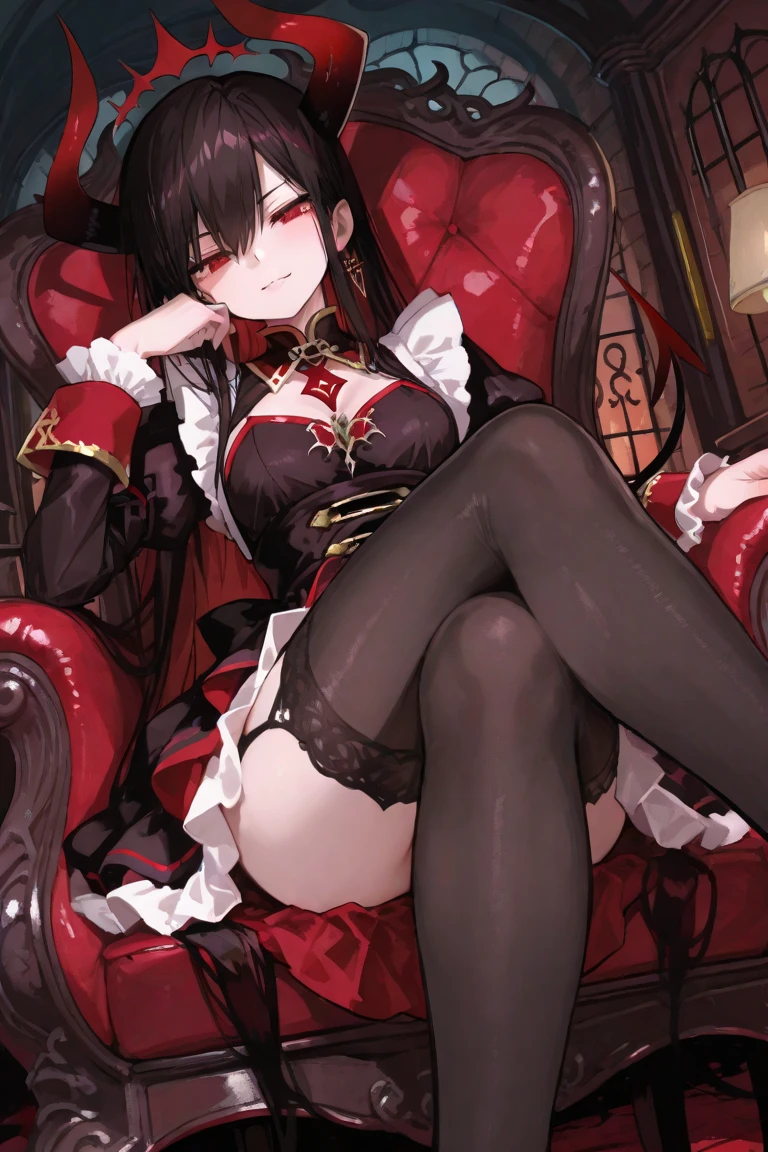 masterpiece,beautiful lighting,1boy,((((male focus)))),black hair,red eye, hairs between eyes, white shirt,bottle neck,ong cuffs,Bordeaux capelet,white ruffle,black waspie,garter shorts,black over knee socks,Bordeaux chukka boots,