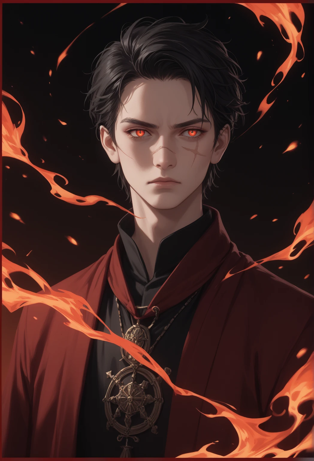 create a character with black hair, red eyes and a scar on his face